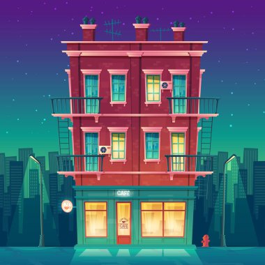 Vektör konut çok katlı daire özel bina kavramı içinde gece, gündüz ve gece restoranda yirmi dört saat kafede. Karikatür tarzı modern mimari