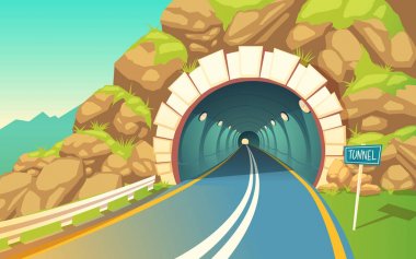 Vektör tünel, karikatür çizimi karayolu. Gri asfalt yol çizgi, bağlayıcı içinde dağ ile. Şehirden, kırsal yolu yolu.