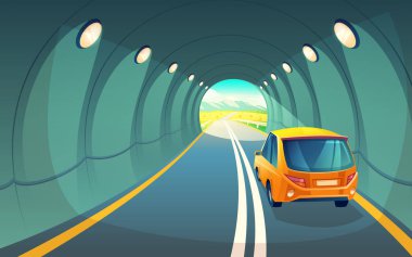 Araba ile tünel, otoyol araç için vektör Illustration. Gri asfalt yeraltı yol aydınlatma ile. Kırsal, gökyüzü ve dağ yolu çıkışında alan piknik için hatchback rides