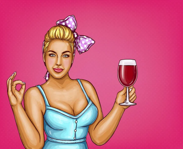 Vector Mujer Rubia Con Sobrepeso Sostiene Vaso Vino Mujer Gorda — Vector de stock