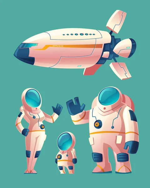 Διάνυσμα Διαστημάνθρωπου Οικογένεια Άνθρωποι Διαστημική Στολή Γυναίκα Άντρας Παιδί Διαστημόπλοιο — Διανυσματικό Αρχείο