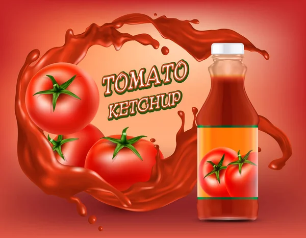 Cartel Realista Vectorial Ketchup Botella Plástico Vidrio Con Salpicaduras Tomate — Archivo Imágenes Vectoriales