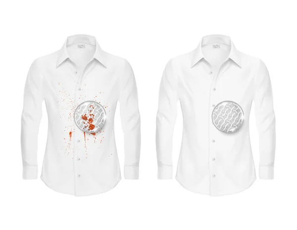 Conjunto Vetorial Duas Camisas Brancas Realistas Limpas Sujas Com Lupa — Vetor de Stock