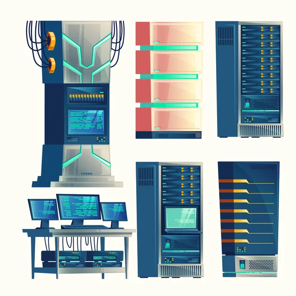 Vector Uppsättning Olika Tecknade Kontrollrummet Serverrack Databas Datacenter Hosting Nätverk — Stock vektor