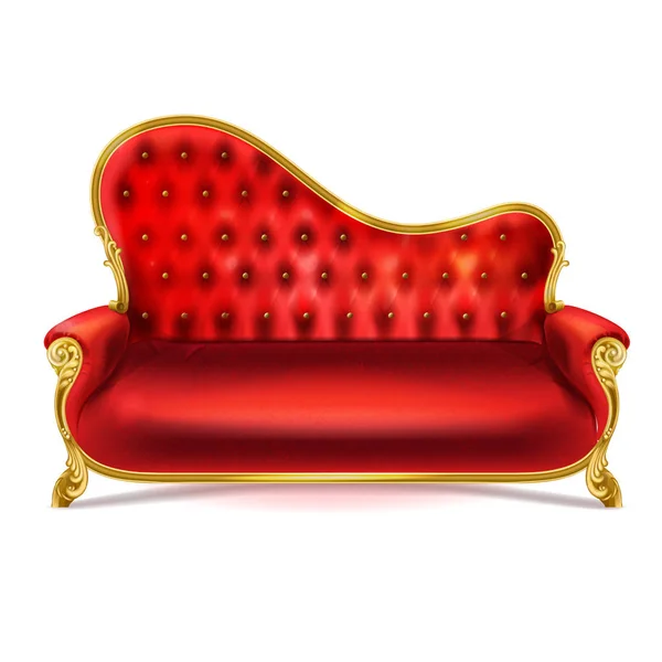 Vector Realistic Luxurious Red Leather Velvet Silk Sofa Golden Carved — Stock Vector