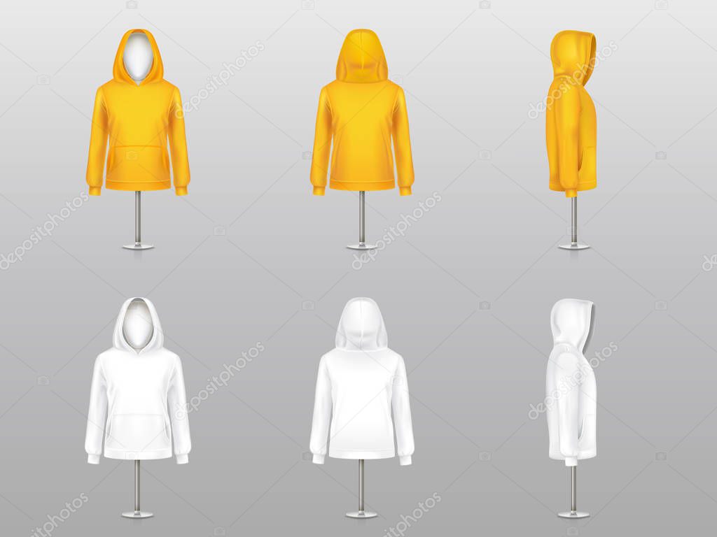 Vector set of realistic hoodies on mannequins and metal poles, sweatshirt unisex model with long sleeves and pockets, in two colors white and yellow isolated on background. Mockup for clothes design