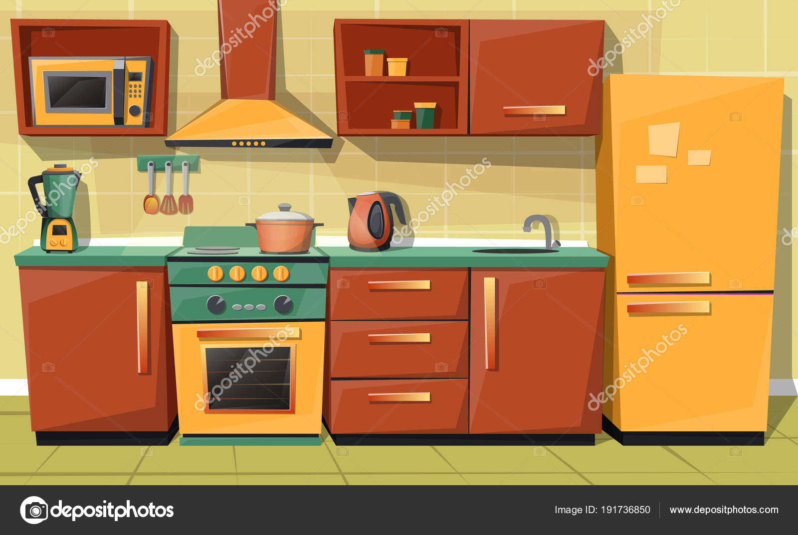 Vector Cartoon Kitchen Counter With Appliances Furniture Vector Image By Vectorpocket Vector Stock 191736850