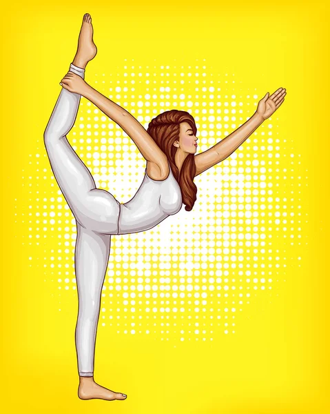 Векторная девушка поп-арта занимается гимнастикой, йогой — стоковый вектор
