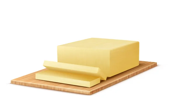 Vector 3d manteiga realista na bandeja de madeira — Vetor de Stock