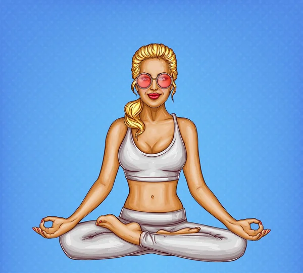 Vector popart blond meisje doet yoga, padmasana — Stockvector