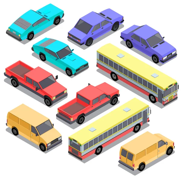 Conjunto vectorial de transporte urbano isométrico, coches — Archivo Imágenes Vectoriales