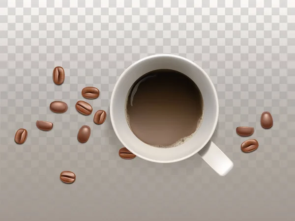 Vektor realistische Tasse Kaffee mit Kaffeebohnen — Stockvektor