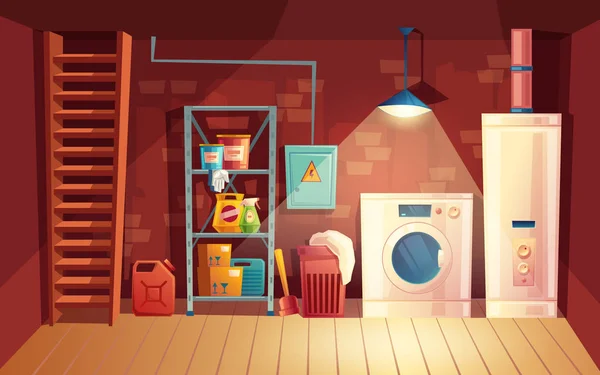 Wektor wnętrze piwnicy, kreskówka pralni w piwnicy — Wektor stockowy