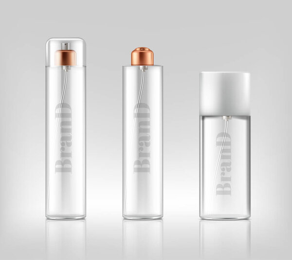 Векторные 3D реалистичные стеклянные спреи, диспенсеры, бутылки
