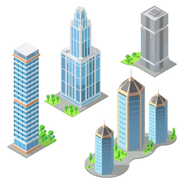 Vektor izometrické moderní budovy, mrakodrapy kreslený — Stockový vektor