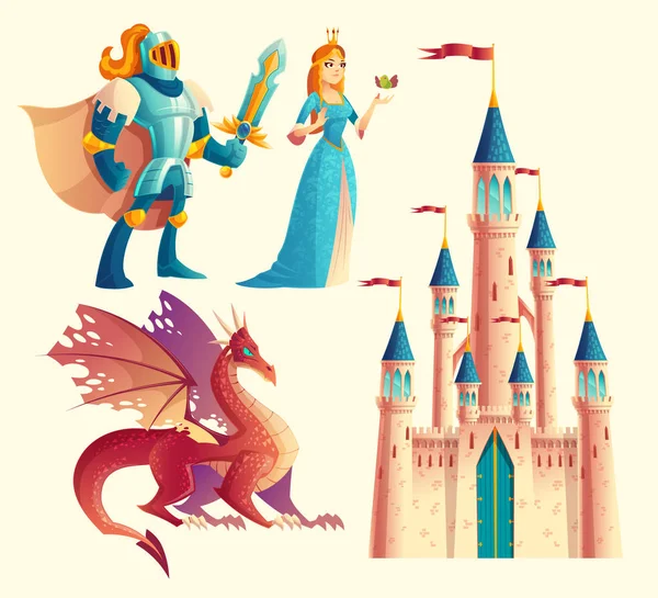 Conjunto de fantasia vetorial cavaleiro, princesa, dragão, castelo — Vetor de Stock
