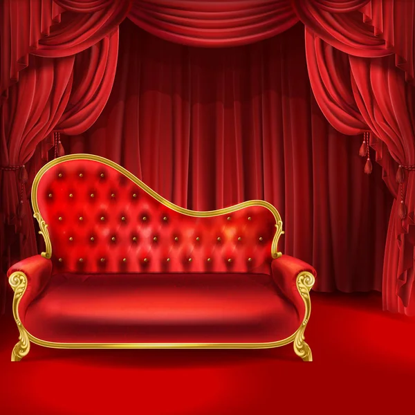 Teatro concetto vettoriale, divano rosso, tende scena — Vettoriale Stock