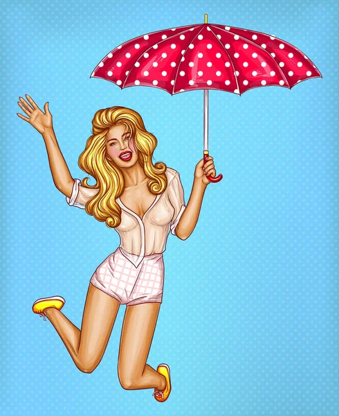 Vecteur pop art femme avec parapluie rouge — Image vectorielle