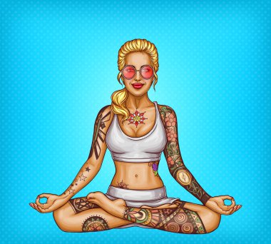 Vektör pop sanat dövmeli kız yoga yaparken