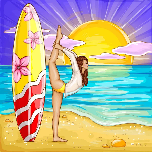 Wektor sztuki pop surfing dziewczyna robi joga — Wektor stockowy