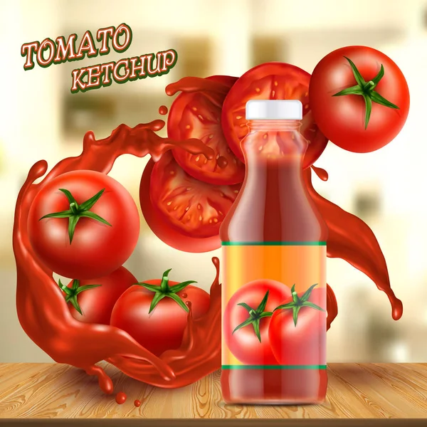 Vektorbanner mit einer Flasche Ketchup und Tomaten — Stockvektor