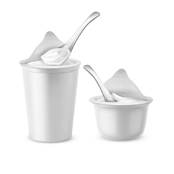 Vector set of white pots with yogurt or sour cream — Stock Vector