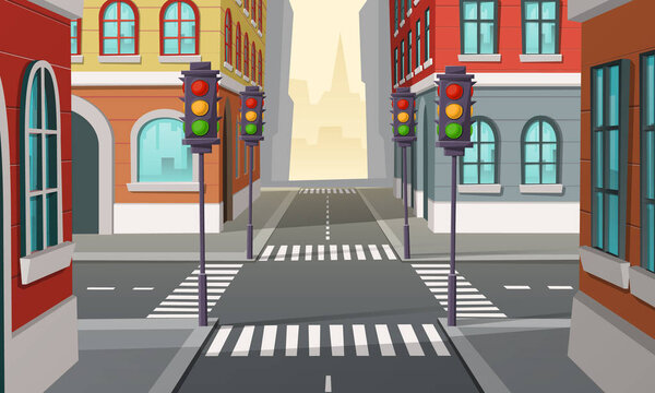Vector city crossroads with traffic lights, intersection