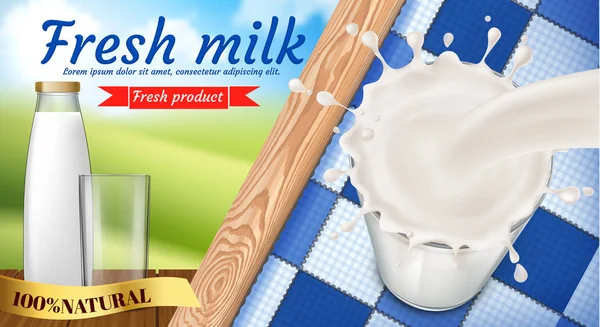 Banner promocional vectorial de leche fresca, productos lácteos — Vector de stock