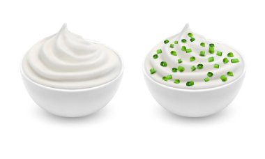 Ekşi krema ve dilimlenmiş chives ile vektör kase