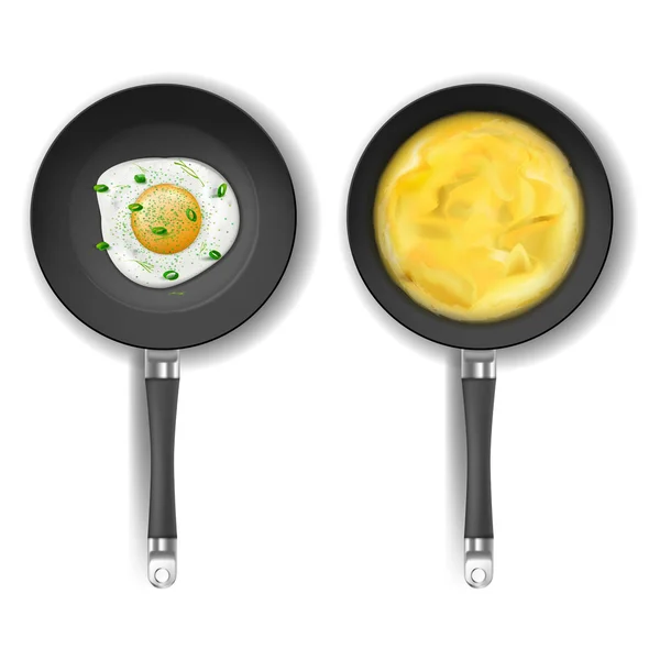 Vector set with two frying pans and fried eggs — Stock Vector