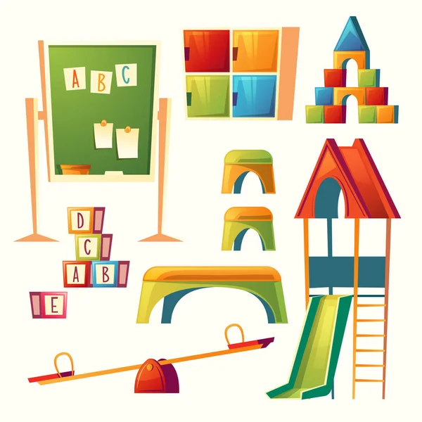 Vector set of cartoon kindergarten, children playground