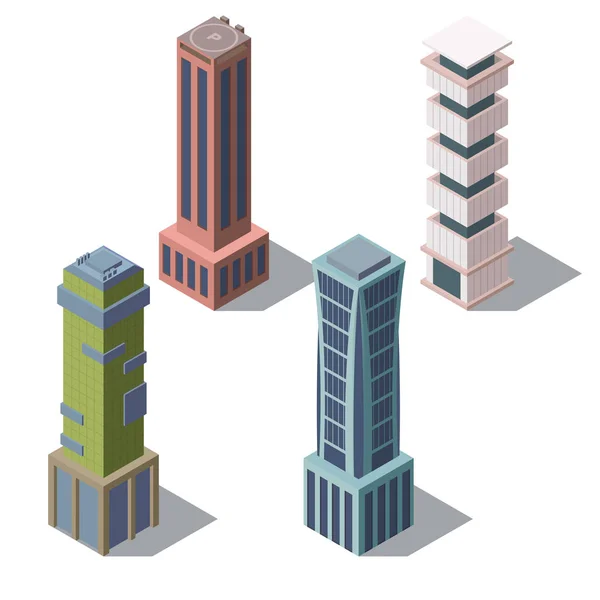 Edificios isométricos vectoriales, conjunto de rascacielos de dibujos animados — Vector de stock