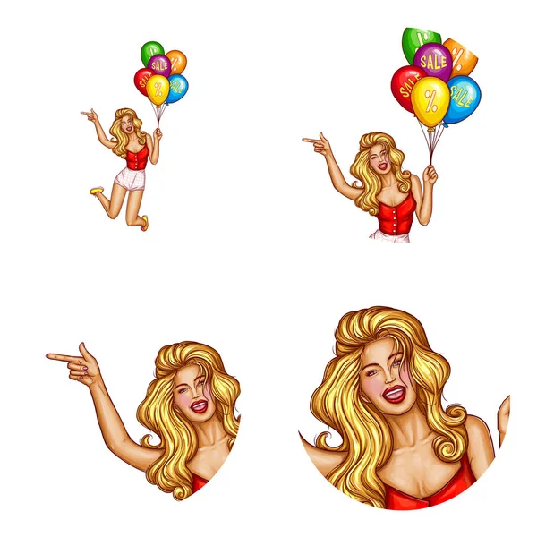 Vector avatar de mujer, globos con venta — Vector de stock