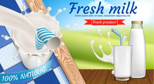 Banner promocional vectorial de leche fresca, productos lácteos — Archivo Imágenes Vectoriales