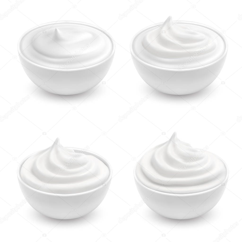Vector set of white ceramic bowls with sour cream