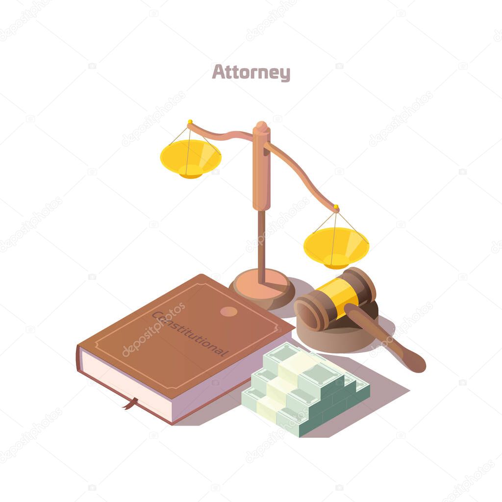 Justice and legislation attorney and judge attributes scales, constitution, wooden gavel and money stacks. Hammer with book of laws. Criminal and judgement verdict. Isometric 3d vector illustration