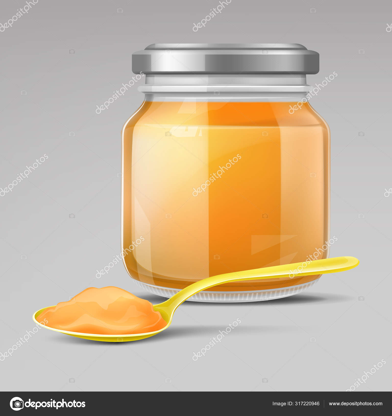 Download Glass Baby Food Jar And Plastic Spoon With Puree Vector Image By C Vectorpocket Vector Stock 317220946