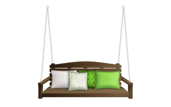 Holzveranda Schaukelbank auf Seilen mit Kissen — Stockvektor