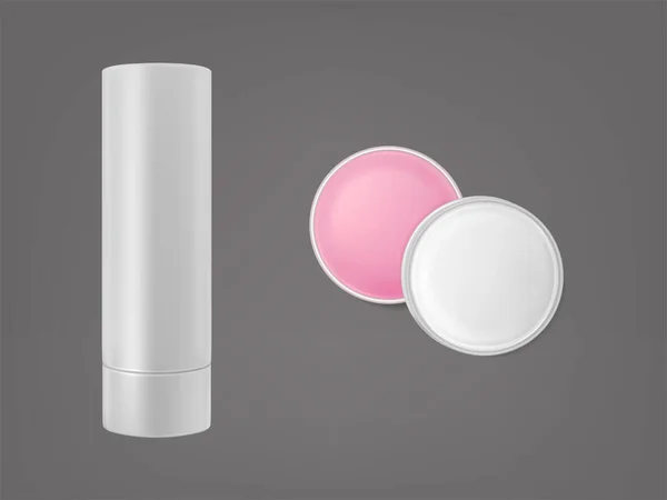 Lip balm stick dan bentuk bundar tampilan atas dan samping . - Stok Vektor