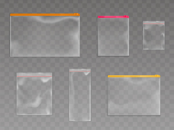 Plastic zip bags empty pouches packages mockup set