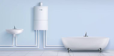 Banyo kazanı su ısıtıcısı lavabo ve küvet.