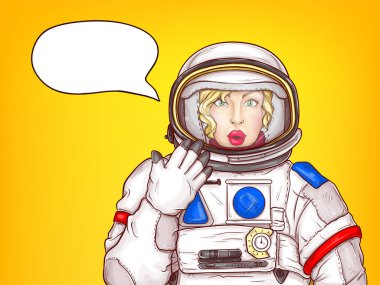 Vektör pop sanatı astronot kadının konuşmasına şaşırdı