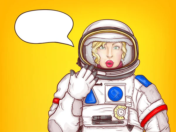 Vecteur pop art surpris astronaute femme parle — Image vectorielle