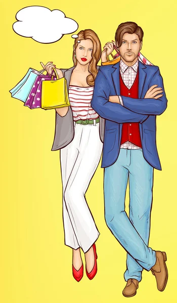Paar beim Einkaufen. junge Frau mit Einkaufstaschen — Stockvektor