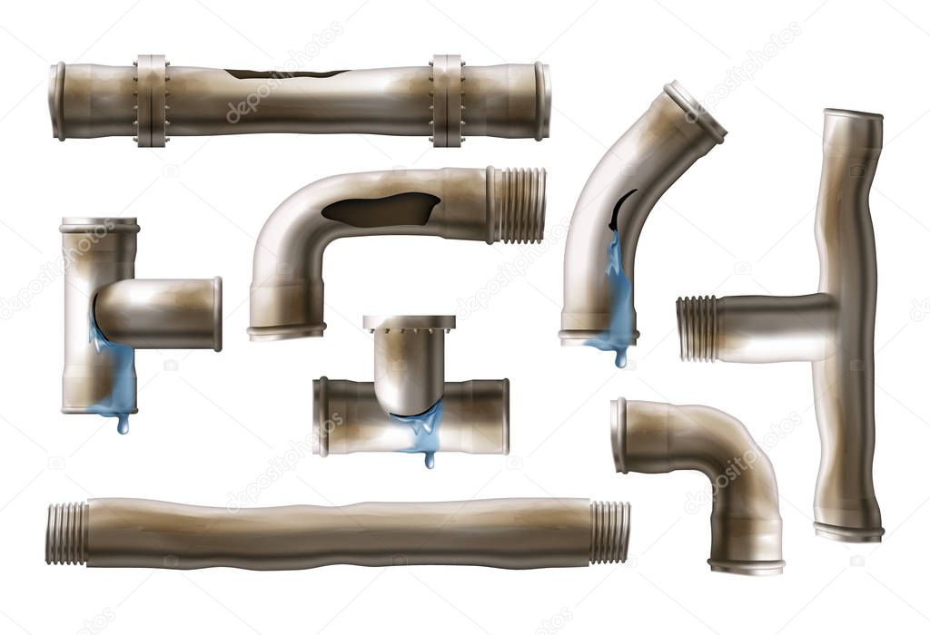 Damaged, rusted steel pipes realistic vector set