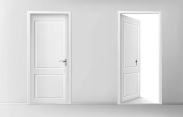 Otwarte i zamknięte białe drewniane drzwi — Wektor stockowy