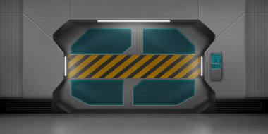 Uzay gemisi koridorunda metal sürgülü kapılar