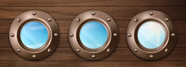 Portholes do navio na parede de madeira com vista do céu — Vetor de Stock