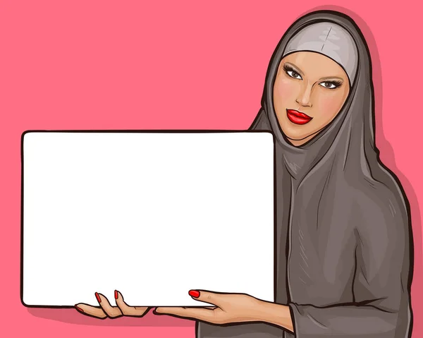 Arab nő hidzsábon hirdetőtáblával — Stock Vector