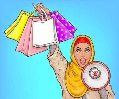 Hoparlörlü ve alışveriş torbalı Arap kadın.